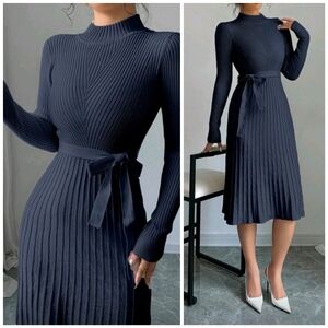 New Chic Ribbed Knit Knee Length Dress Long Sleeve Navy Blue